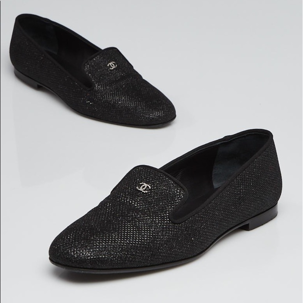 Chanel Black Glitter Sparkly Mococo Loafers Size 37.5